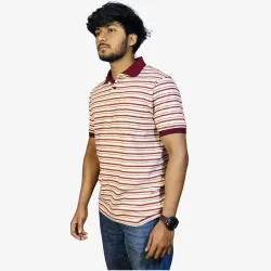 Men's White & Maroon Striped Polo T-Shirt | Premium Cotton Regular Fit